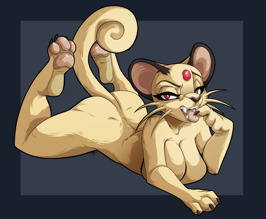 2021 anthro breasts butt claws fangs female finger_claws forehead_gem jesterghastly looking_at_viewer lying nintendo on_front open_mouth pawpads persian_(pok&eacute;mon) pok&eacute;mon pok&eacute;mon_(species) red_eyes simple_background solo toe_claws tongue tongue_out video_games whiskers