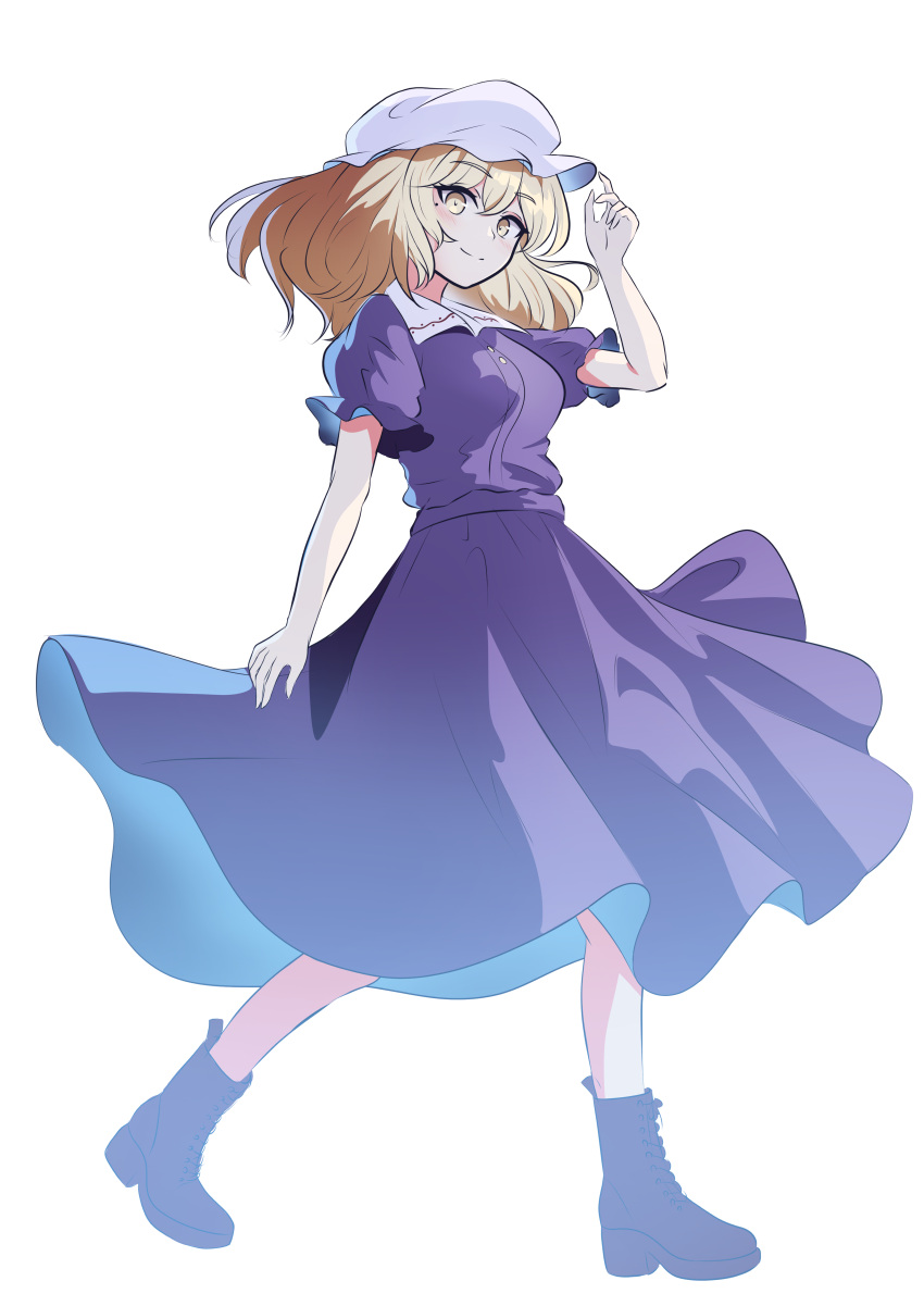 1girl absurdres blonde_hair boots eyelashes frilled_bonnet from_side full_body hair_between_eyes hand_up highres long_hair long_skirt looking_at_viewer maribel_hearn puffy_short_sleeves puffy_sleeves purple_shirt purple_skirt rinkaito1231 shirt short_sleeves skirt smile solo touhou transparent_background walking yellow_eyes