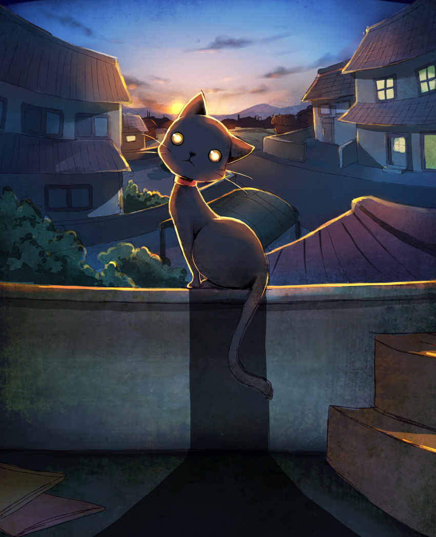 :&lt; animal_nose awning black_cat cat cat_tail cloud cloudy_sky collar commentary_request dusk fence glowing glowing_eyes highres in_shadow looking_at_viewer mountainous_horizon no_humans on_railing original railing red_collar rooftop shadow sky stairs sun sunset tail town tree whiskers window yellow_eyes yume_utsutsu_(artist)