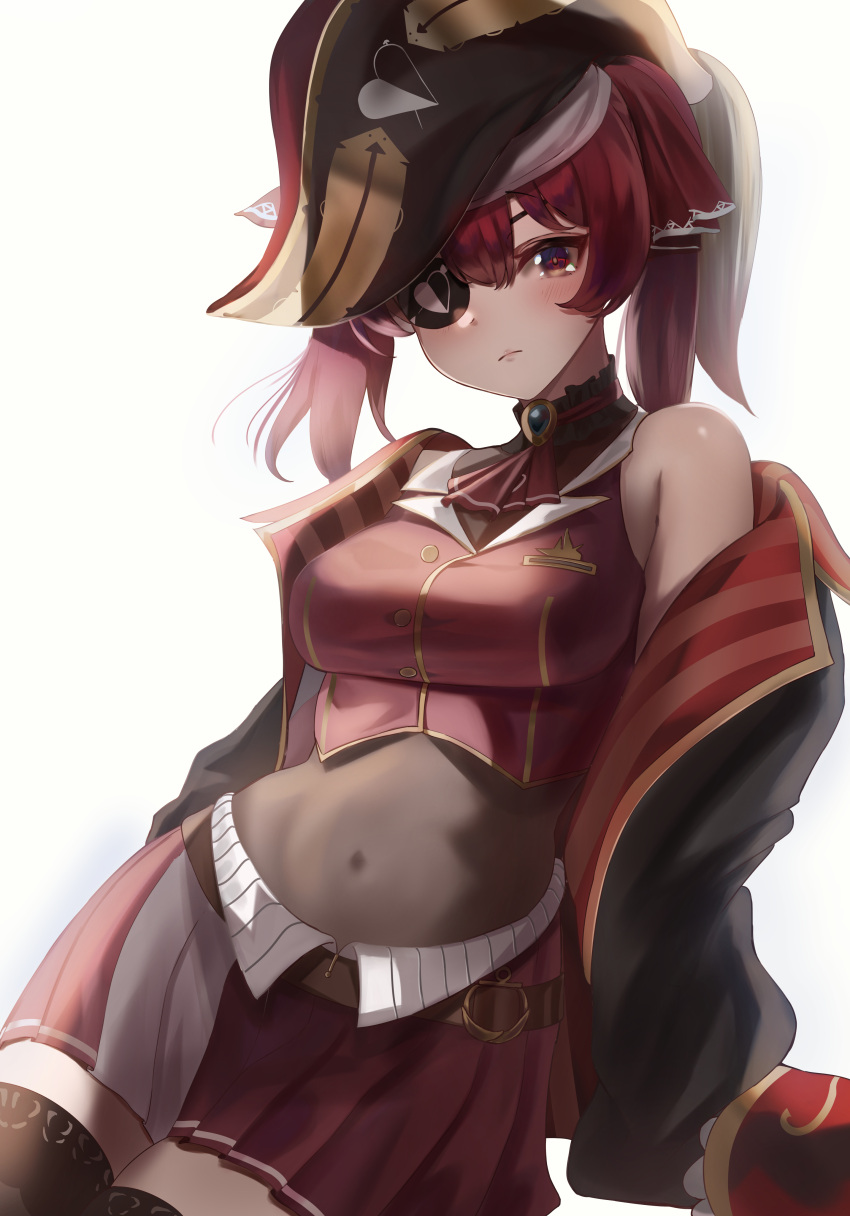 1girl absurdres arrow_through_heart ascot black_choker black_coat black_hat black_thighhighs blush breasts choker coat covered_navel cropped_jacket eyepatch frilled_choker frills hair_ribbon harusame_soup hat highres hololive houshou_marine houshou_marine_(1st_costume) jacket large_breasts leotard leotard_under_clothes long_hair looking_at_viewer pirate_hat red_ascot red_coat red_eyes red_hair red_jacket red_ribbon red_skirt ribbon skirt sleeveless sleeveless_jacket solo thighhighs twintails two-sided_coat two-sided_fabric virtual_youtuber white_background