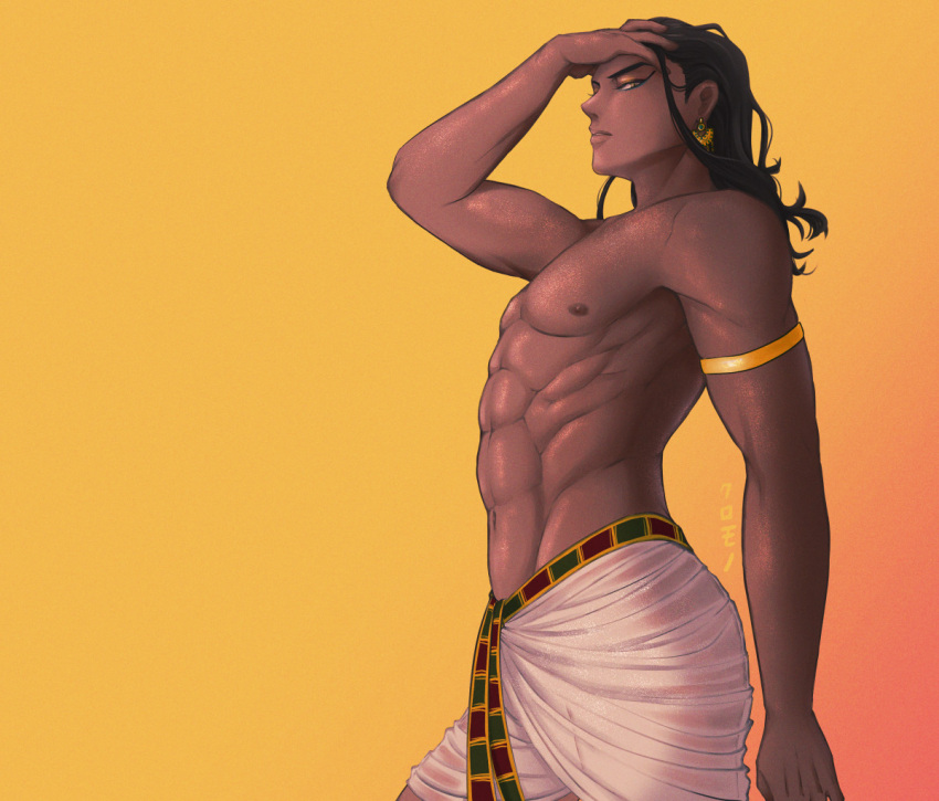 1boy abs arm_up armlet black_hair cowboy_shot dark-skinned_male dark_nipples dark_skin earrings egyptian_clothes eyeliner from_side gradient gradient_background hair_slicked_back hand_on_head jewelry kuro-mono loincloth looking_at_viewer makeup male_focus navel nipples nose original parted_lips pectorals profile realistic signature solo standing toned toned_male topless_male