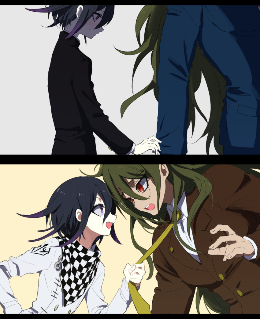 2boys arm_belt belt black_border black_jacket black_scarf black_sleeves blue_jacket blue_sleeves border brown_jacket brown_sleeves buttons chain checkered_clothes checkered_scarf clothes_grab coattails collared_jacket collared_shirt danganronpa_(series) danganronpa_v3:_killing_harmony dark-skinned_male dark_skin double-breasted eye_contact fingernails gakuran glasses gokuhara_gonta green_hair green_necktie grey_background hand_on_own_hip height_difference high_collar highres jacket layered_sleeves leaning_forward long_hair long_sleeves looking_at_another male_focus messy_hair multiple_boys multiple_views necktie necktie_grab neckwear_grab oma_kokichi open_mouth pale_skin parted_lips purple_eyes purple_hair round_eyewear scarf school_uniform shirt short_hair sleeve_grab smile tamaon teeth tinted_eyewear two-tone_background two-tone_scarf upper_teeth_only very_long_hair white_belt white_jacket white_scarf white_shirt white_sleeves yaoi yellow_background