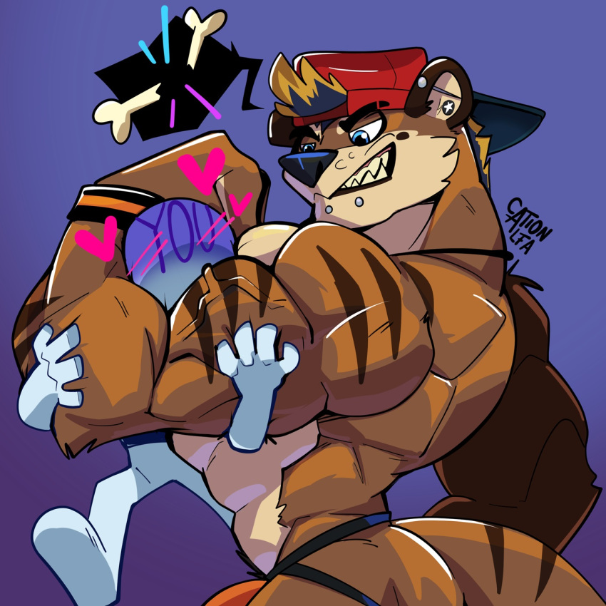 abs anthro biceps bulge cationalfa clothing duo ear_piercing flexing flexing_bicep hi_res humanoid jockstrap kyo_(kiasano) male mammal muscular muscular_anthro muscular_male mustelid otter pecs piercing strangling underwear vein veiny_muscles