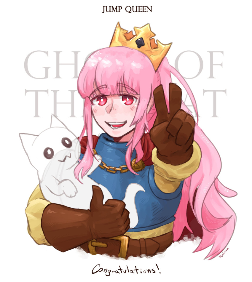 1girl animal blush brown_gloves cat congratulations cosplay english_text ghost_cat_(mori_calliope) gloves gold_crown highres holding holding_animal holding_cat jump_king jump_king_(character) jump_king_(character)_(cosplay) long_hair looking_at_viewer mori_calliope nieklak open_mouth pink_eyes pink_hair ponytail thumbs_up upper_body v virtual_youtuber