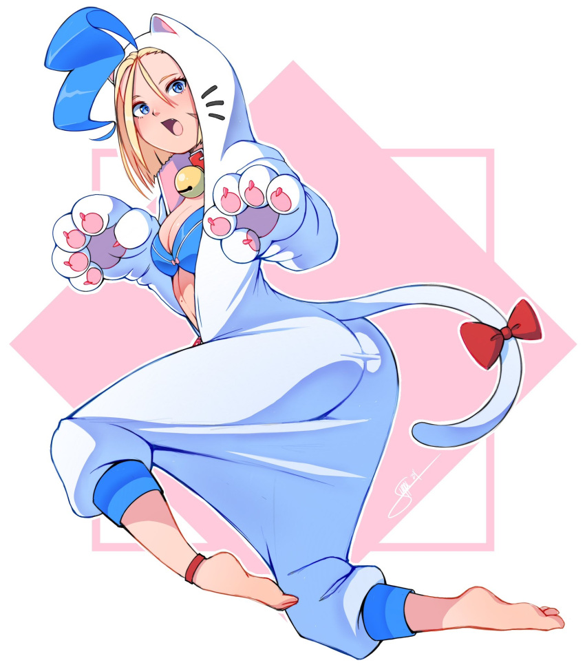 animal_ears ass barefoot bell blonde_hair blue_eyes blush bra cammy_white capcom cat_ears cat_tail cosplay felicia_(vampire) felicia_(vampire)_(cosplay) highres its_just_suppi paw_pose scar scar_on_cheek scar_on_face short_hair simple_background solo street_fighter street_fighter_6 tail underwear vampire_(game)