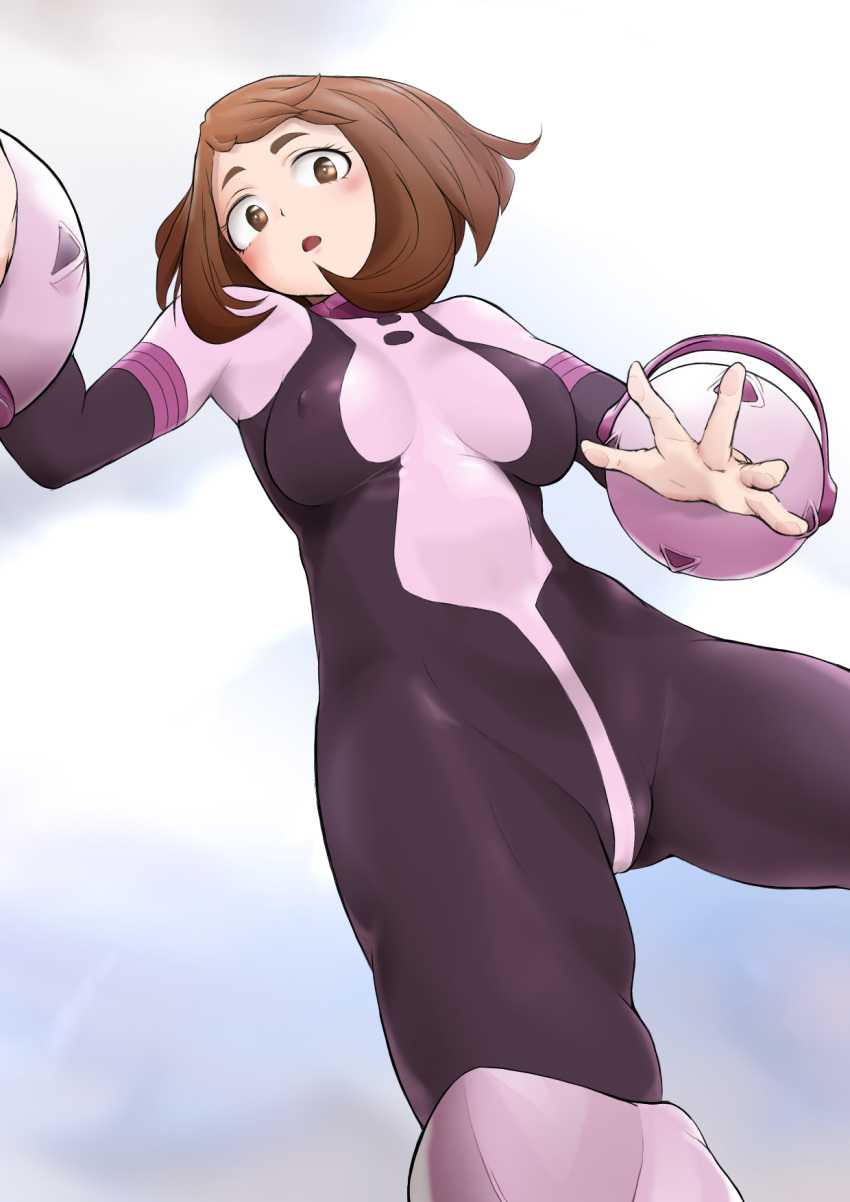 1girl 34-gou blush bodysuit boku_no_hero_academia breasts brown_eyes brown_hair covered_nipples highres looking_at_viewer medium_breasts open_mouth short_hair skin_tight solo uraraka_ochako