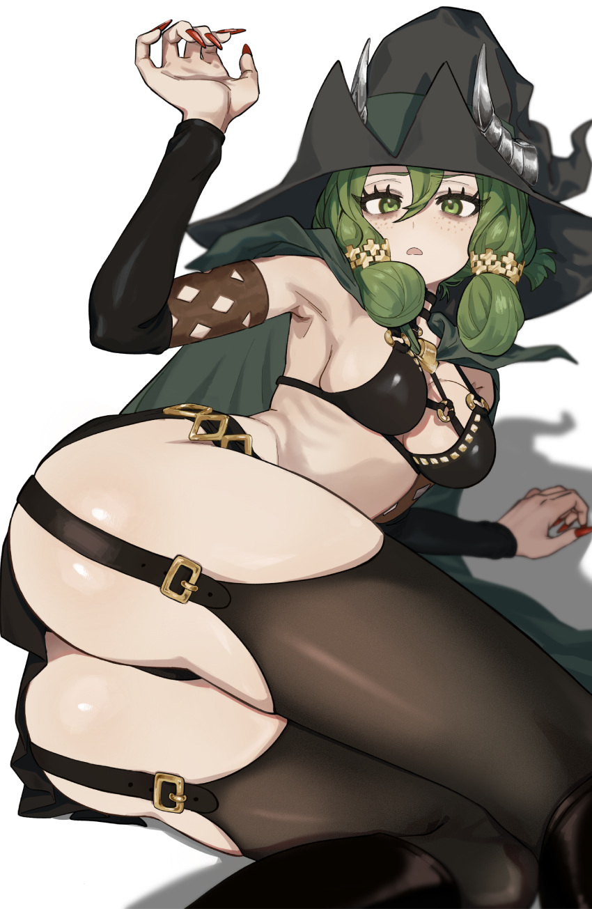 1girl absurdres ass breasts cloak fake_horns freckles fujinari green_cloak green_eyes green_hair hair_between_eyes hat highres horned_headwear horns long_hair looking_at_viewer lying medium_breasts navel on_side open_mouth red_nails shadow simple_background solo thick_eyelashes thighhighs thighs unicorn_overlord white_background witch_hat yahna_(unicorn_overlord)
