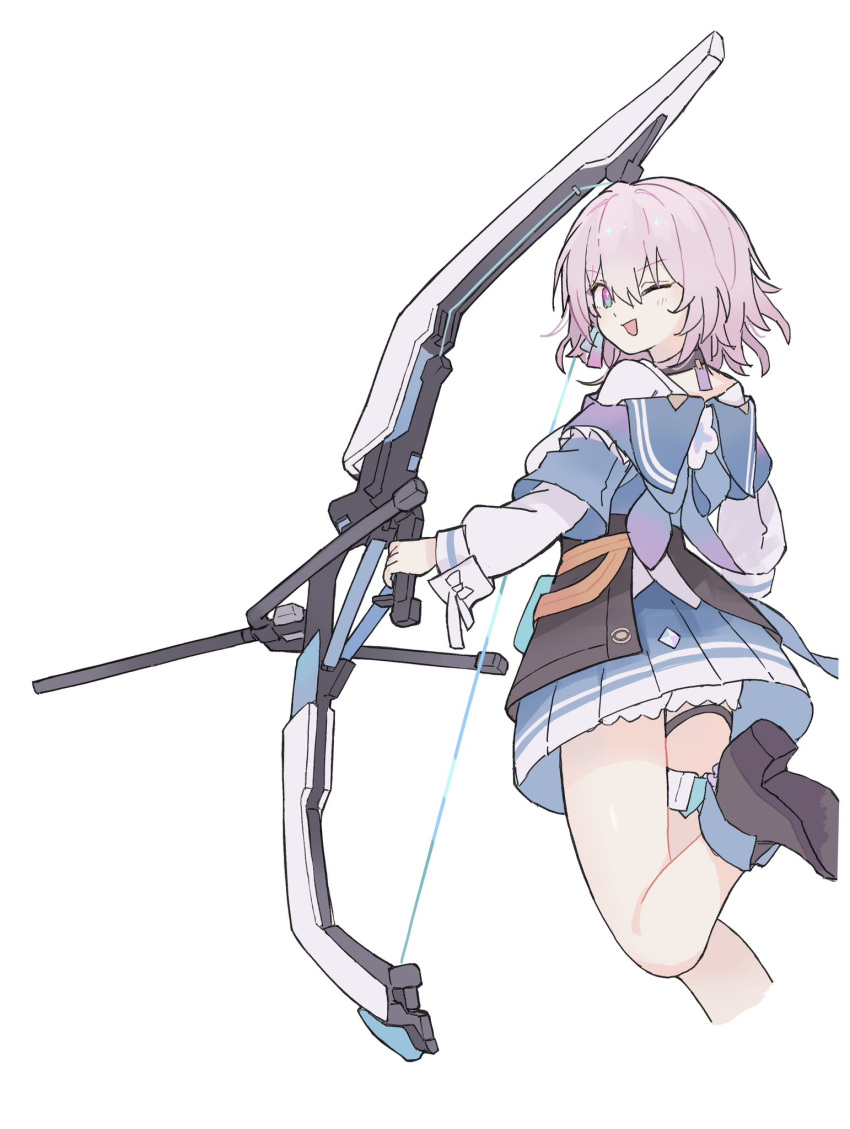 1girl black_choker black_footwear black_gloves blue_eyes bow_(weapon) choker commentary_request frilled_shorts frills gloves hair_between_eyes highres holding holding_bow_(weapon) holding_weapon honkai:_star_rail honkai_(series) looking_at_viewer looking_to_the_side march_7th_(honkai:_star_rail) medium_hair miniskirt one_eye_closed origami_gyokuo pink_eyes pink_hair pleated_skirt shirt shorts shorts_under_skirt simple_background skirt smile two-tone_eyes weapon white_background white_shorts