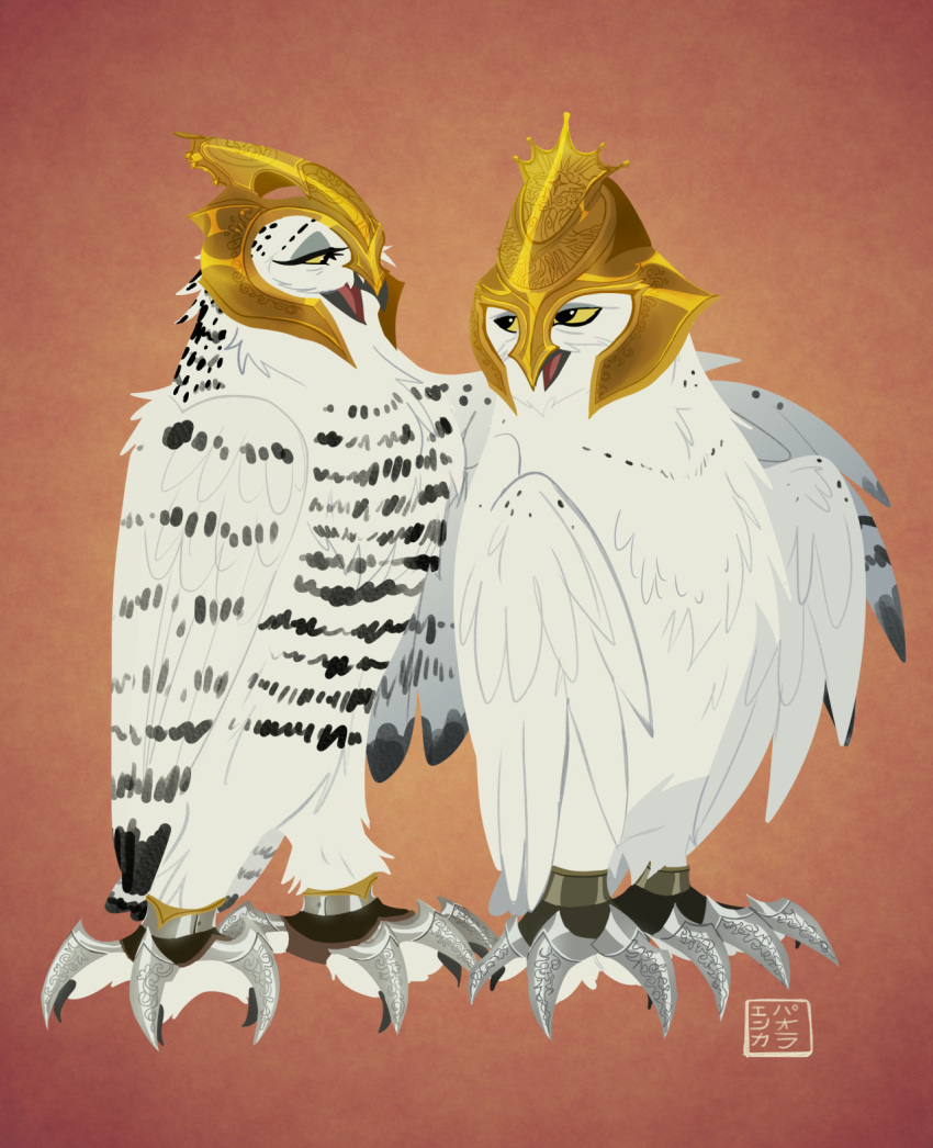 armor avian barran battle_claws bird boron_(gogh) duo feathers female feral guardians_of_ga'hoole headgear helmet hi_res horned_owl kabuki-aku male orange_background owl simple_background snowy_owl true_owl white_body white_feathers yellow_eyes