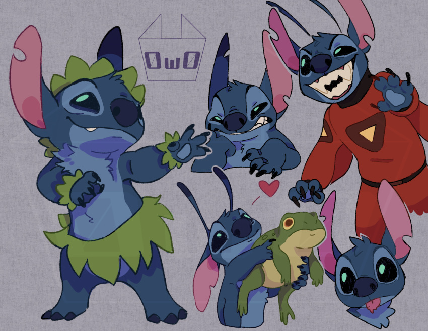 &lt;3 2021 4_arms 4_fingers alien amphibian annoyed antennae_(anatomy) black_claws black_eyes blep blue_body blue_claws blue_eyes blue_fur blue_pawpads chest_tuft claws clothed clothing dancing dipstick_antennae disney duo ear_markings ears_down experiment_(lilo_and_stitch) facial_markings feral fingers frog fur grass_skirt green_body green_skin grey_background grin happy head_markings head_tuft hi_res holding_character hula leaf_bracelet leaf_crown lilo_and_stitch markings mikr0w0lnowka multi_arm multi_limb multicolored_antennae narrowed_eyes notched_ear pawpads pivoted_ears semi-anthro simple_background smile solo_focus spacesuit stitch_(lilo_and_stitch) tongue tongue_out tuft watermark