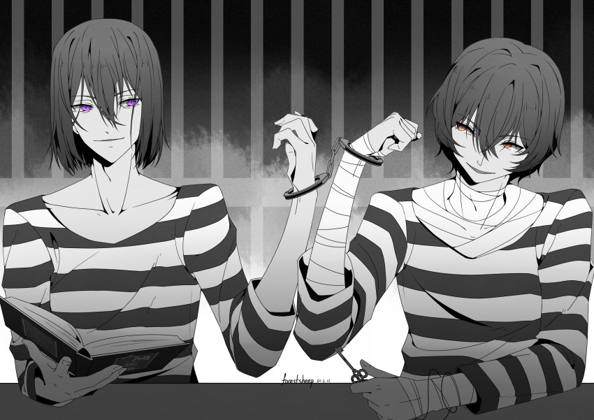 2boys absurdres bandaged_arm bandages book bungou_stray_dogs collarbone cuffs dazai_osamu_(bungou_stray_dogs) fyodor_dostoyevsky_(bungou_stray_dogs) handcuffs highres key lin_yan_(lof) monochrome multiple_boys prison_cell prison_clothes purple_eyes short_hair striped_clothes upper_body