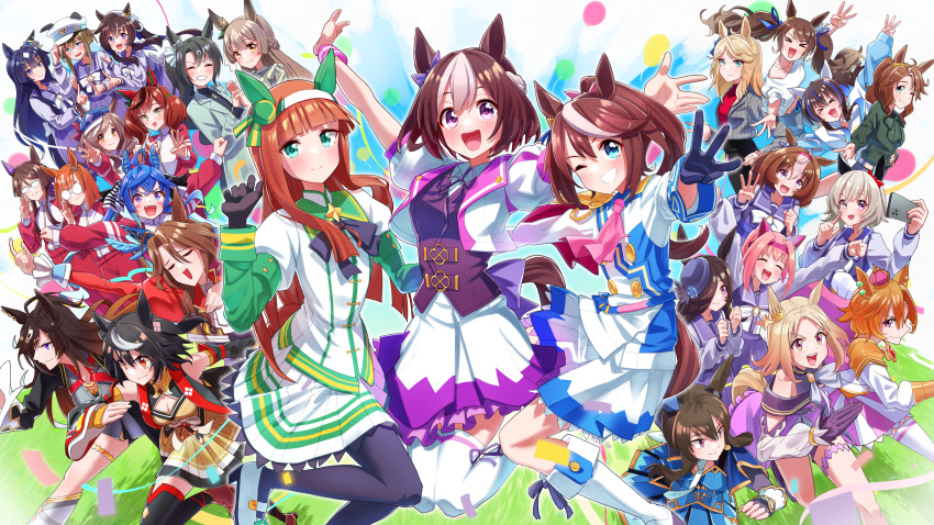 &gt;_&lt; 6+girls absurdres admire_vega_(umamusume) ahoge animal_ears aqua_eyes arms_up asymmetrical_gloves balloon bare_shoulders bead_necklace beads belt black_gloves black_hair black_jacket black_pantyhose black_skirt black_sweater black_thighhighs blonde_hair blue_coat blue_eyes blue_hair blue_hat blue_jacket blush blush_stickers boots bow braid breasts brown_hair buttons cabbie_hat cape cellphone cheval_grand_(umamusume) cleavage cleavage_cutout clenched_hands closed_eyes closed_mouth clothing_cutout coat colored_inner_hair commentary_request cowboy_shot cropped_jacket crown curren_chan_(umamusume) daitaku_helios_(umamusume) detached_sleeves double-breasted dress duramente_(umamusume) ear_bow ear_covers ear_ornament ear_piercing earrings ears_down ears_through_headwear everyone facial_tattoo fang freely2327 french_braid glasses gloves gold gold_city_(umamusume) grass green_shirt grey_hair grin hair_between_eyes hairband haru_urara_(umamusume) hat heterochromia highres hime_cut holding holding_hands holding_phone horse_ears horse_girl horse_tail horseshoe_ornament ikuno_dictus_(umamusume) index_finger_raised jacket jewelry juliet_sleeves kouhaku_nawa layered_sleeves long_hair long_sleeves looking_at_viewer matikane_tannhauser_(umamusume) medium_breasts medium_hair meisho_doto_(umamusume) mejiro_palmer_(umamusume) messy_hair midair mini_crown mismatched_gloves multicolored_clothes multicolored_hair multicolored_jacket multicolored_skirt multiple_girls narita_top_road_(umamusume) necklace necktie nice_nature_(umamusume) official_alternate_costume one_eye_closed open_mouth pants pantyhose peaked_cap pencil_skirt phone photoshop_(medium) piercing pink_hair pink_hairband plaid plaid_pants puffy_sleeves purple_eyes purple_gloves purple_serafuku purple_shirt purple_skirt red_cape red_eyes red_jacket red_pants red_sweater red_track_suit rice_shower_(umamusume) rope round_eyewear royce_and_royce_(umamusume) running sailor_collar satono_crown_(umamusume) satono_diamond_(umamusume) school_uniform serafuku sharp_teeth shimenawa shirt short_hair short_over_long_sleeves short_sleeves silence_suzuka_(umamusume) single_ear_cover single_earring skin_fang skirt smartphone smile sounds_of_earth_(umamusume) special_week_(umamusume) streaked_hair sweater t.m._opera_o_(umamusume) tail tattoo teeth thigh_strap thighhighs tokai_teio_(umamusume) tosen_jordan_(umamusume) tracen_school_uniform tracen_training_uniform track_jacket track_pants track_suit twin_turbo_(umamusume) twintails two-tone_jacket two-tone_skirt two_side_up umamusume upper_body upper_teeth_only verxina_(umamusume) very_long_hair vivlos_(umamusume) w white_belt white_bow white_footwear white_gloves white_hair white_hairband white_jacket white_necktie white_skirt white_thighhighs winter_uniform wrist_cuffs