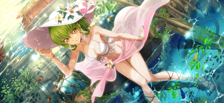 1girl adjusting_clothes adjusting_headwear angelfish arm_up artist_request bikini blue_gemstone bracelet braid breasts brown_footwear c.c. caustics cleavage clownfish code_geass code_geass:_lost_stories crown_braid day dutch_angle fish flower game_cg gem gold green_hair groin hair_between_eyes hair_ribbon hair_rings hat hat_flower hat_ribbon highres jewelry knees_together_feet_apart lace lace-trimmed_bikini lace_trim leaf leaning_forward lily_(flower) looking_at_viewer medium_breasts navel non-web_source o-ring o-ring_bikini o-ring_bottom oar official_art outdoors parted_lips partially_submerged pink_ribbon pink_sarong ribbon rope rowboat sandals sarong seaweed see-through_sarong shiny_skin shipwreck short_hair sidelocks sitting solo sparkle standing stomach sun_hat surgeonfish swimsuit teeth thighs wading water white_hat white_ribbon yellow_eyes yellow_flower