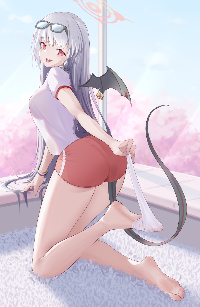 1girl absurdres barefoot black_tail black_wings blue_archive buruma demon_wings eyewear_on_head feet foot_focus full_body gym_shirt gym_uniform halo haruna_(blue_archive) haruna_(track)_(blue_archive) highres j.c.14 long_hair looking_at_viewer official_alternate_costume red_buruma red_eyes red_halo shirt single_wing soles toes white_hair wings