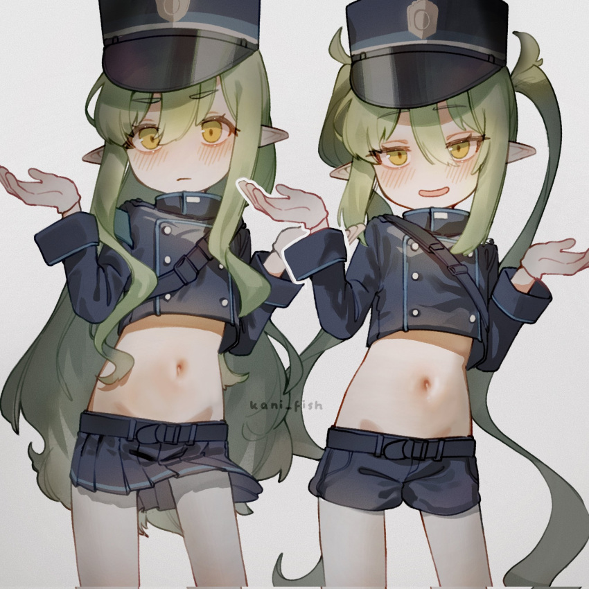 artist_name black_hat black_jacket black_shorts black_skirt blue_archive buckle contrapposto cropped_jacket gloves green_hair hat highlander_sidelocks_conductor_(blue_archive) highlander_twintails_conductor_(blue_archive) highres jacket kani_fish long_hair long_sleeves looking_at_viewer midriff miniskirt navel open_mouth pantyhose peaked_cap pleated_skirt pointy_ears shorts shrugging skirt smug snap-fit_buckle stomach twintails very_long_hair white_gloves white_pantyhose yellow_eyes