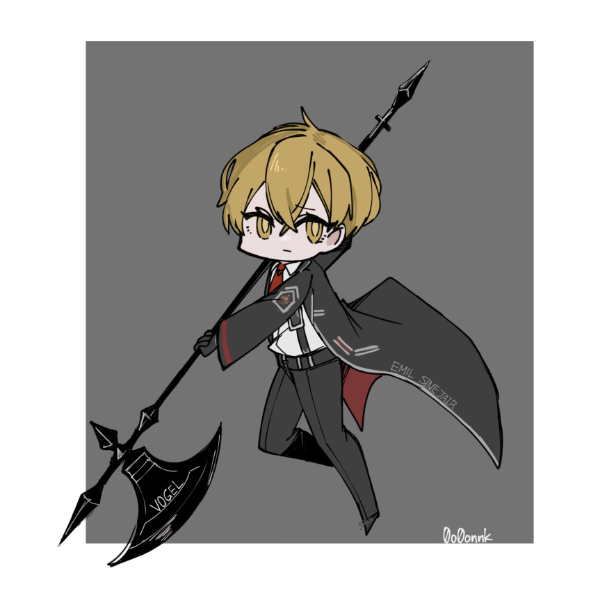 0o0onnk 1boy axe black_coat blonde_hair chibi closed_mouth coat collared_shirt expressionless full_body highres holding holding_axe limbus_company looking_at_viewer necktie project_moon red_necktie shirt sinclair_(project_moon) solo white_shirt yellow_eyes