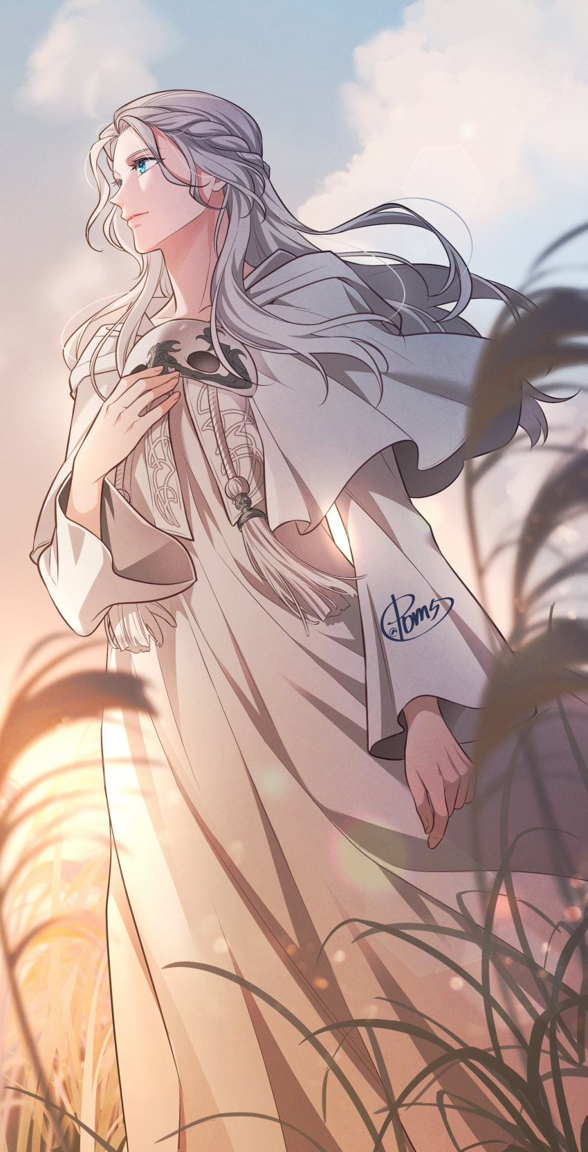 1girl absurdres arm_at_side artist_name blue_eyes blue_sky blurry blurry_foreground braid capelet cloud commentary_request commission dndk5656 drawstring evening feet_out_of_frame final_fantasy final_fantasy_xiv from_below grass grey_capelet grey_hair grey_robe half_updo hand_on_own_chest hand_up highres hood hood_down hooded_capelet korean_commentary light_particles long_hair looking_afar looking_ahead mask mask_around_neck outdoors robe signature single_braid sky solo sophist's_robe_(ff14) standing tassel unworn_mask venat_(ff14) wavy_hair wide_sleeves