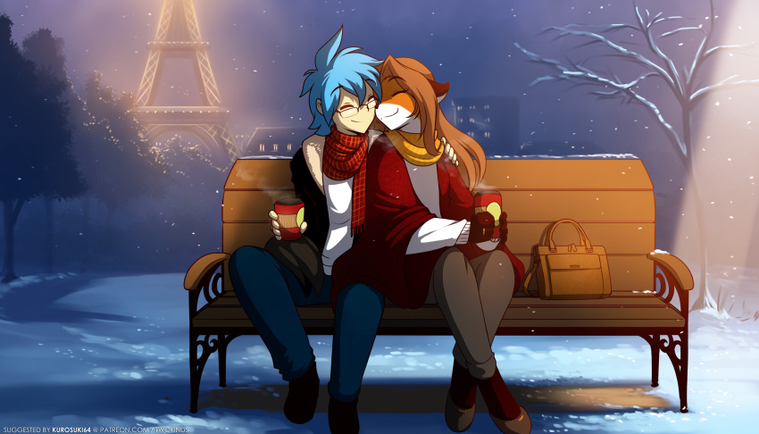 2021 7:4 anthro bench beverage blue_hair brown_hair canid canine clothed clothing coffee conditional_dnp container cuddling cup detailed_background digitigrade duo eiffel_tower eyes_closed eyewear female fox fur glasses hair hi_res holding_cup holding_object human keidran laura_(twokinds) male male/female mammal multicolored_body multicolored_fur on_bench orange_body orange_fur outside scarf sitting smile snow tom_fischbach trace_legacy twokinds webcomic white_body white_fur winter