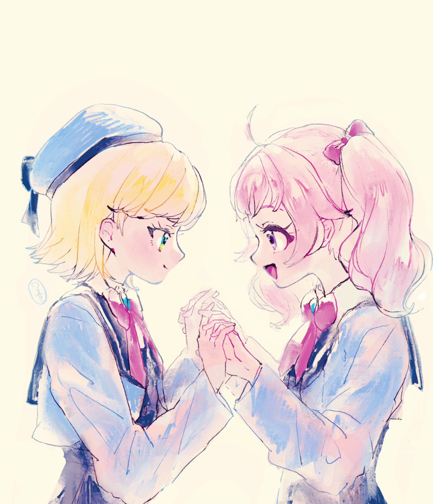 2girls :d aozora_himari beret blonde_hair blue_hat blue_jacket blush closed_mouth commentary_request cropped_jacket eye_contact from_side green_eyes hands_up hat highres himitsu_no_aipri holding_hands hoshikawa_mitsuki jacket long_sleeves looking_at_another multiple_girls neck_ribbon noromame open_mouth pink_hair pink_ribbon pretty_series profile purple_eyes ribbon school_uniform short_hair smile twintails upper_body
