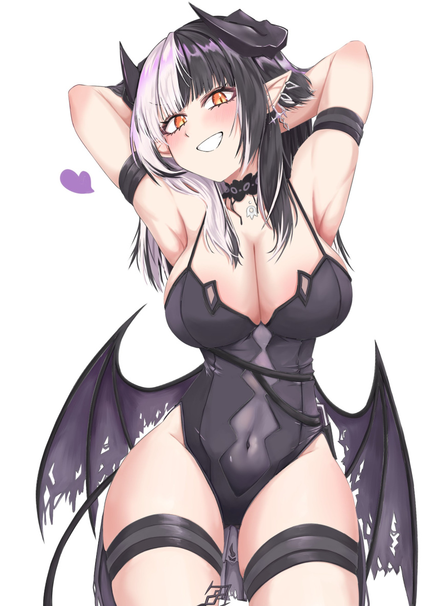 1girl absurdres adapted_costume black_hair black_horns black_tail breasts chest_belt choker cleavage demon_girl demon_horns demon_tail demon_wings fang glowing glowing_eyes grey_hair grin hair_ornament highres hololive hololive_english horns leotard looking_at_viewer medium_breasts mmneko multicolored_hair open_mouth shiori_novella shiori_novella_(1st_costume) simple_background smile solo split-color_hair tail twitter_username two_side_up upper_body virtual_youtuber white_background wings yellow_eyes