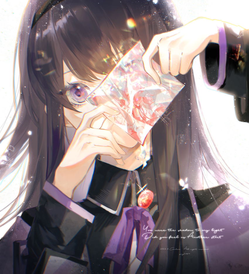 absurdres akemi_homura black_hair black_hairband caibaozi capelet character_print chinese_commentary collared_capelet gem glint hairband hands_up highres holding holding_paper kaname_madoka long_hair long_sleeves looking_at_viewer mahou_shoujo_madoka_magica mahou_shoujo_madoka_magica_(anime) neck_ribbon one_eye_covered paper portrait purple_capelet purple_eyes red_gemstone ribbon simple_background white_background