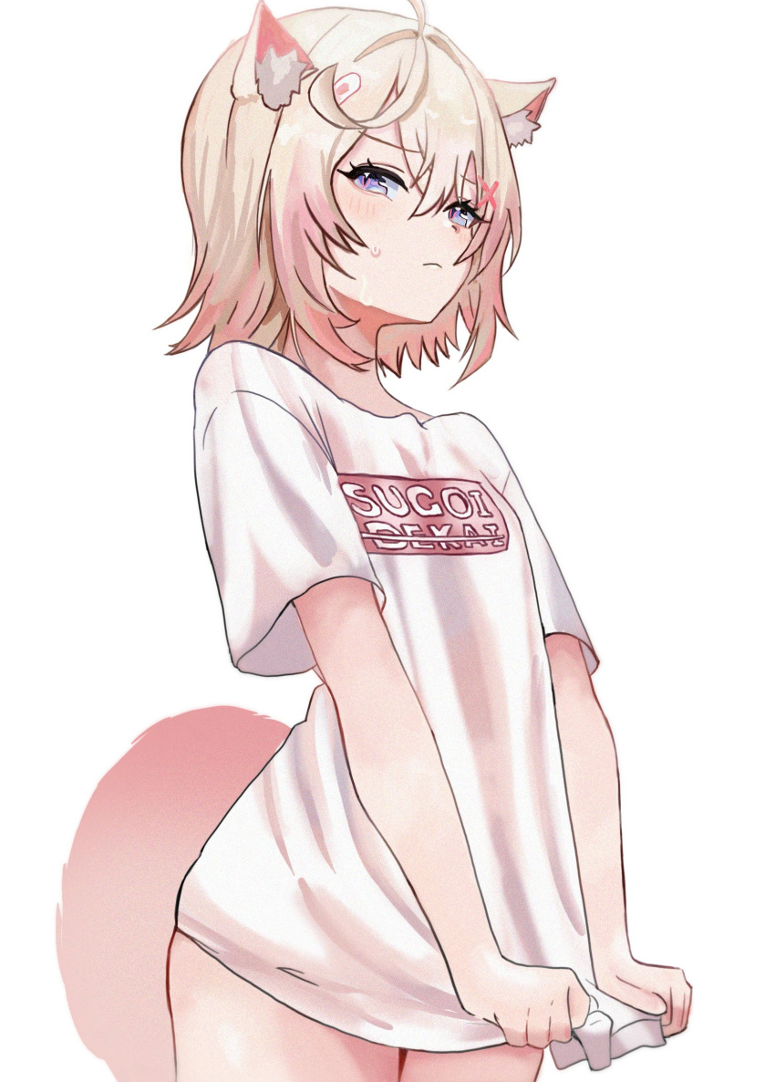 1girl absurdres ahoge animal_ear_fluff blonde_hair blue_eyes blush breasts commentary cowboy_shot dog_girl dog_tail embarrassed eyelashes from_side furrowed_brow hair_between_eyes highres hololive hololive_english light_frown looking_at_viewer looking_to_the_side meme_attire mococo_abyssgard napat0712 no_pants romaji_commentary romaji_text shirt shirt_tug short_hair short_sleeves simple_background small_breasts solo standing sugoi_dekai sweat sweatdrop tail translated white_background white_shirt