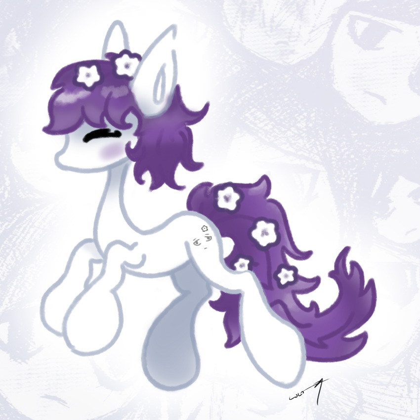 accessory blush cutie_mark earth_pony equid equine eyes_closed flower flower_in_hair flower_in_tail hair hair_accessory hasbro hi_res horse mammal mane my_little_pony plant pony purple_hair purple_mane purple_tail sewerslvt simple_background solo tail tuskonline white_body