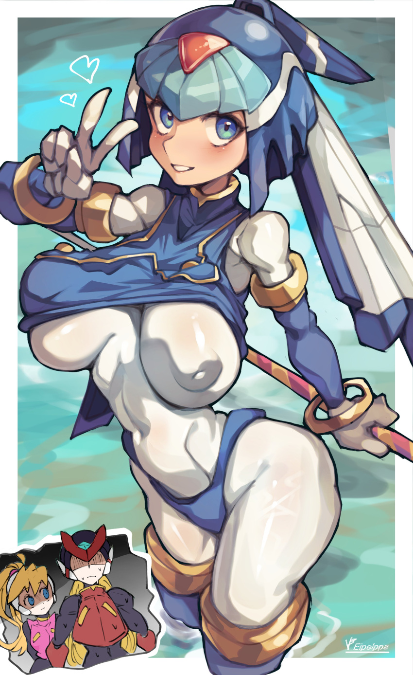1boy 2girls absurdres android armor artist_logo artist_name black_bodysuit blonde_hair blue_armor blue_eyes blue_helmet blush bodysuit boots ciel_(mega_man) clothes_lift covered_navel covered_nipples fairy_leviathan_(mega_man) fins forehead_jewel head_fins heart highres holding holding_polearm holding_weapon inverted_nipples iparupua long_hair looking_at_viewer mega_man_(series) mega_man_zero_(series) multiple_girls one_breast_out partially_submerged polearm red_helmet robot_girl shirt_lift solo_focus thigh_boots v weapon white_bodysuit zero(z)_(mega_man) zero_(mega_man)