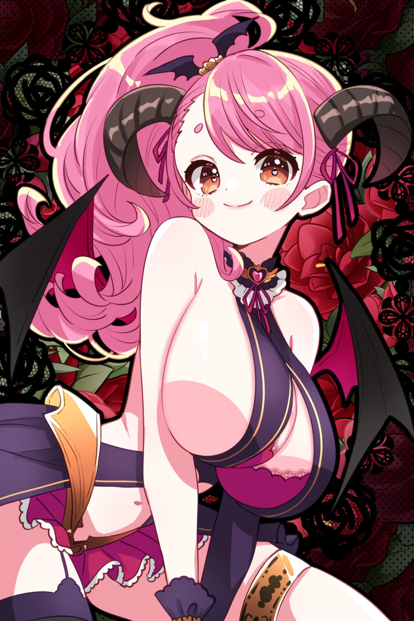 1girl absurdres aizono_manami aizono_manami_(2nd_costume) armpit_crease asymmetrical_gloves bare_shoulders black_wings blush_stickers bra breasts brown_horns closed_mouth commentary_request curled_horns demon_horns demon_wings dress elbow_gloves floral_background garter_straps gloves hair_ornament hair_ribbon heart heart_hair_ornament heart_in_eye highres horns lace-trimmed_bra lace_trim large_breasts leaning_to_the_side long_hair looking_at_viewer navel neck_ribbon nijisanji orange_eyes pink_bra pink_hair pink_ribbon pink_skirt purple_dress purple_gloves purple_thighhighs ribbon short_eyebrows side_ponytail sideboob single_elbow_glove skirt smile solo stomach sukoyaka_(100hituzi) symbol_in_eye thighhighs thighs underwear v_arms virtual_youtuber wavy_hair wing_hair_ornament wings