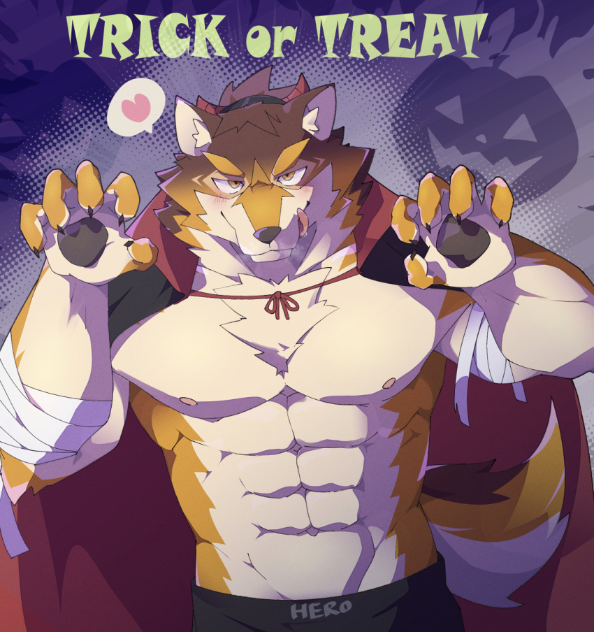 1boy :q abs animal_ears bara bare_pectorals barrel_(live_a_hero) beige_fur brown_fur claw_pose dog_boy dog_ears dog_tail furry furry_male halloween halloween_costume heart highres kanato_(sakehabera) large_pectorals live_a_hero male_focus muscular muscular_male navel nipples orange_fur pectorals short_hair solo spoken_heart stomach tail tongue tongue_out trick_or_treat upper_body vampire_costume