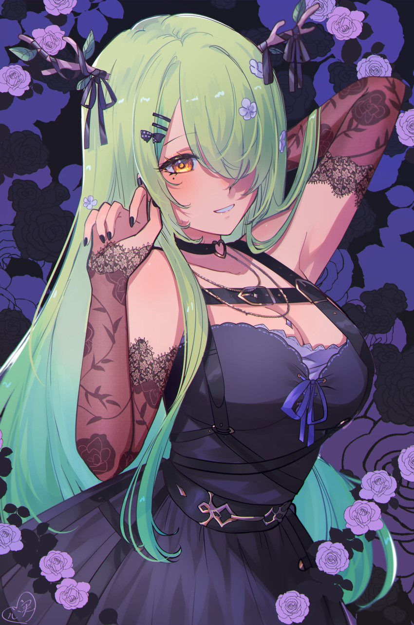 1girl absurdres antlers black_choker black_nails breasts ceres_fauna ceres_fauna_(goth) choker cleavage cowboy_shot crinoline goth_fashion gradient_hair green_hair hair_ornament hair_over_one_eye hairclip heart heart_choker highres hololive hololive_english horns jewelry kokomi_(aniesuakkaman) large_breasts long_hair multicolored_hair nail_polish necklace official_alternate_costume solo virtual_youtuber yellow_eyes