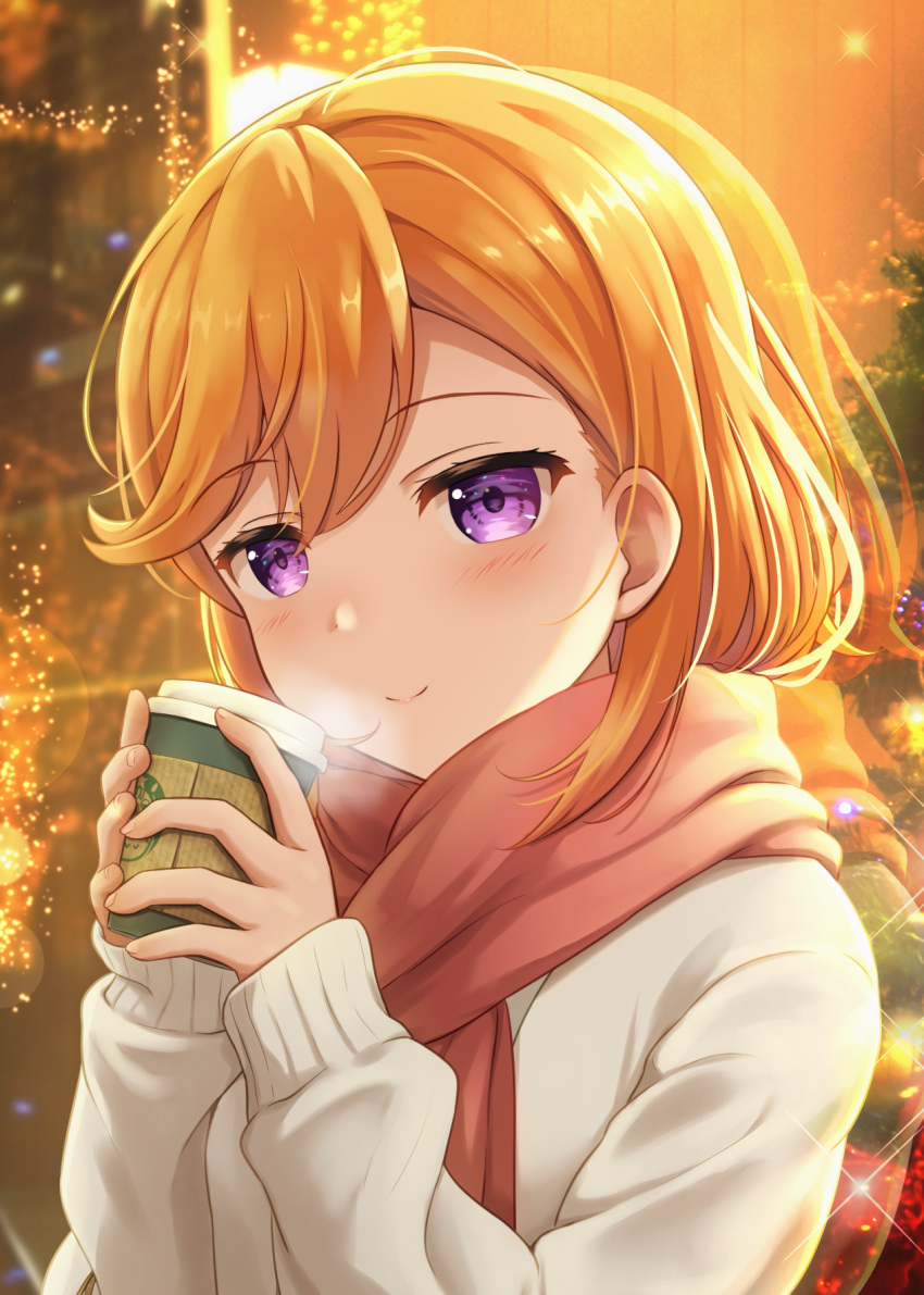 1girl against_glass blurry bokeh brand_name_imitation cardigan christmas_tree closed_mouth commentary_request cup depth_of_field disposable_cup enpera highres holding holding_cup looking_at_viewer love_live! love_live!_superstar!! medium_hair orange_hair purple_eyes red_scarf reflection scarf shibuya_kanon sleeves_past_wrists smile sparkle starbucks white_cardigan yutuki_ame