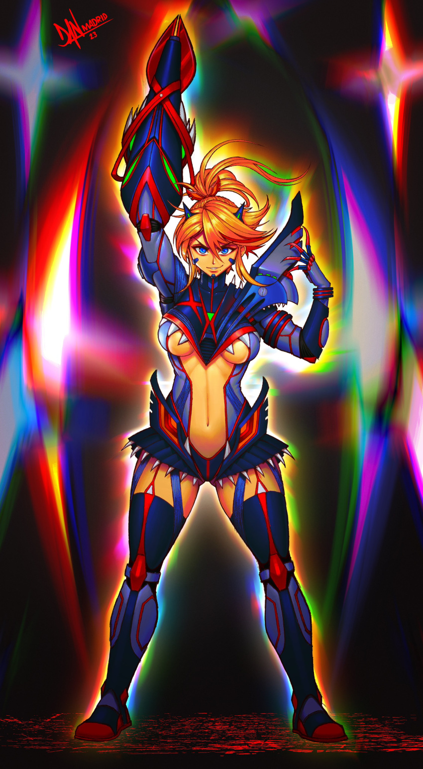 1girl absurdres arm_cannon armor armored_bodysuit aura black_background blonde_hair blue_eyes bodysuit boots breasts claws clothing_cutout crossover danderfull dated english_commentary facing_viewer full_body fusion glowing high_ponytail highres kill_la_kill life_fiber matoi_ryuuko messy_hair metroid mole mole_under_mouth multicolored_hair navel navel_cutout pauldrons ponytail rainbow_aura rainbow_background red_streaks revealing_clothes samus_aran senketsu sharp_teeth short_ponytail shoulder_armor sidelocks signature single_pauldron smirk solo streaked_hair teeth thigh_boots thighhighs underboob underboob_cutout weapon zero_suit zettai_ryouiki