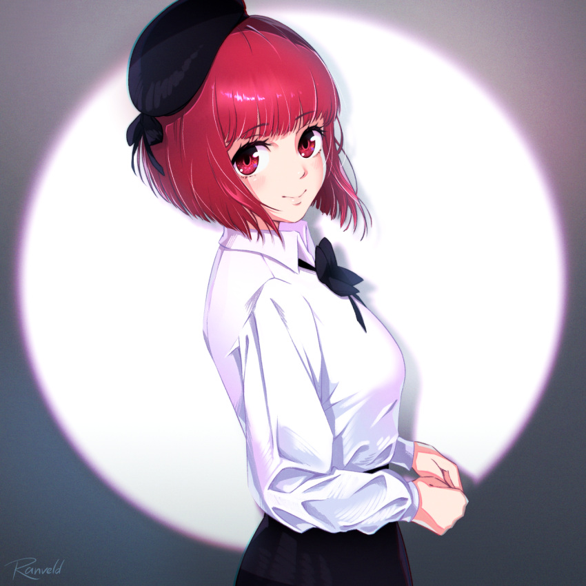 1girl arima_kana beret black_bow black_bowtie black_hat black_skirt blunt_bangs blunt_ends blush bob_cut bow bowtie closed_mouth collared_shirt commentary cowboy_shot eyelashes from_side happy hat highres lips long_sleeves looking_at_viewer oshi_no_ko ranveld red_eyes red_hair shirt short_hair signature simple_background skirt smile solo split_mouth spotlight straight_hair tareme white_background white_shirt