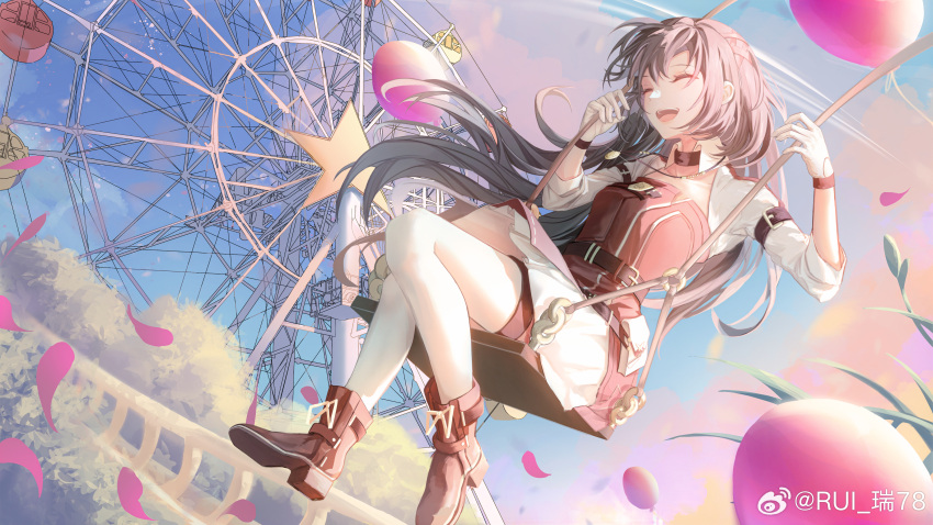1girl :d ^_^ absurdres ankle_boots balloon belt belt_buckle belt_pouch black_hair boots brown_belt buckle bush closed_eyes cloud day detached_collar dress falling_petals ferris_wheel full_body gloves hair_between_eyes hair_ribbon happy heroine_(lovebrush_chronicles) highres jewelry long_hair lovebrush_chronicles official_alternate_costume pendant petals pouch ran_78 red_dress red_footwear red_ribbon ribbon sitting sleeve_garter sleeves_rolled_up smile solo star_(symbol) swing thigh_strap tress_ribbon weibo_logo weibo_username white_dress white_gloves