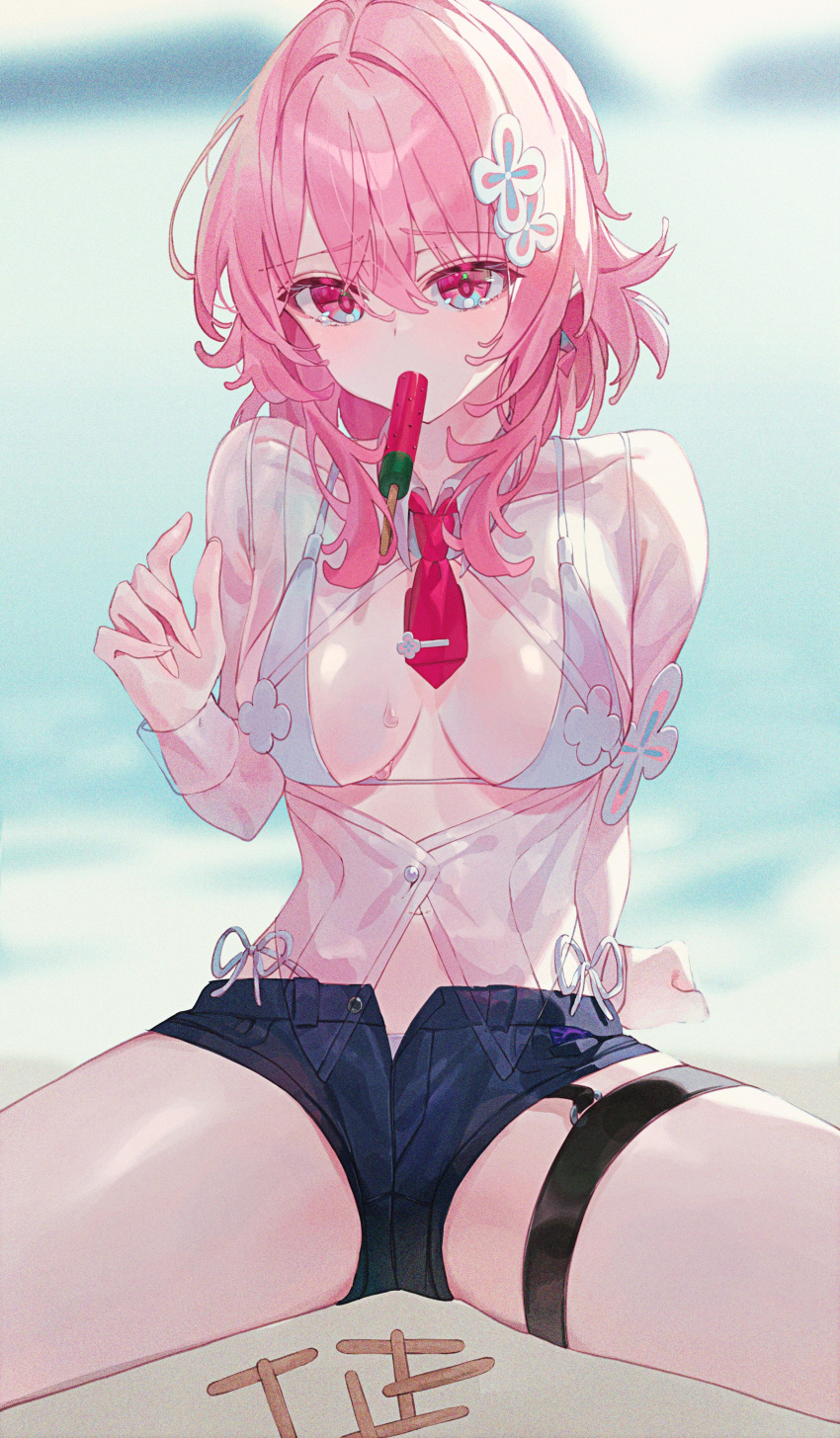 1girl absurdres bikini bikini_under_clothes black_shorts blurry breasts collared_shirt commentary_request cowboy_shot food food_in_mouth grin hair_intakes hand_up highres honkai:_star_rail honkai_(series) indol long_hair long_sleeves looking_at_viewer looking_back march_7th_(honkai:_star_rail) medium_breasts navel necktie outdoors pink_hair popsicle popsicle_in_mouth popsicle_stick red_necktie shirt short_shorts shorts side-tie_bikini_bottom sitting smile solo swimsuit thigh_strap wet wet_clothes wet_shirt white_bikini white_shirt