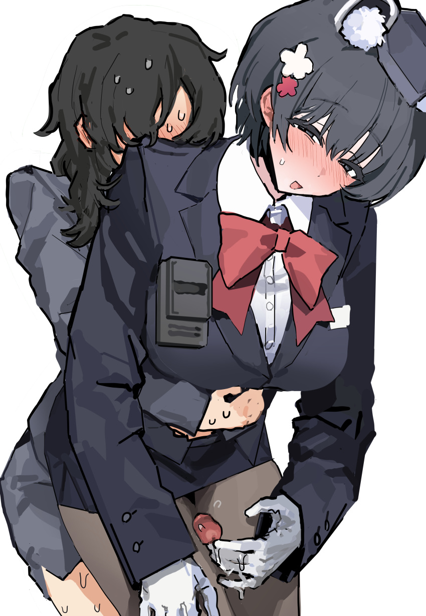 2girls absurdres animal_ear_fluff animal_ears black_eyes black_hair black_jacket black_pantyhose black_skirt blue_archive blush bow bowtie breasts collared_shirt female_sensei_(blue_archive) futa_with_female futanari garrison_cap gloves half-closed_eyes hat highres hug hug_from_behind jacket large_breasts long_hair long_sleeves mekyokyopon multiple_girls open_mouth pantyhose penis raccoon_ears red_bow red_bowtie sensei_(blue_archive) shirt short_hair skirt textless_version thigh_sex tsubaki_(blue_archive) tsubaki_(guide)_(blue_archive) white_background white_gloves white_shirt