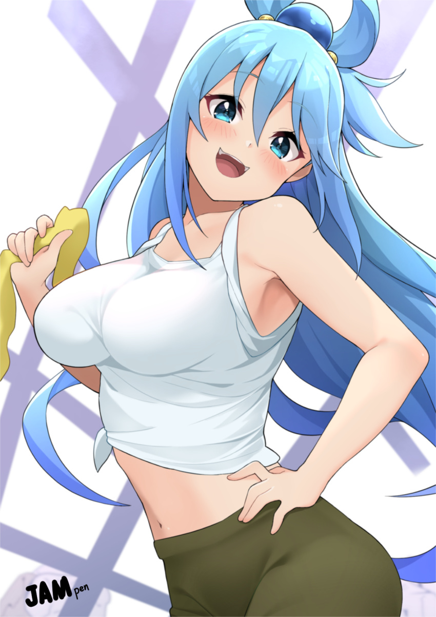 1girl :d aqua_(konosuba) aqua_hair artist_name bare_arms bare_shoulders blue_eyes blush breasts contrapposto crop_top hair_between_eyes hand_on_own_hip highres holding jampen kono_subarashii_sekai_ni_shukufuku_wo! large_breasts long_hair looking_at_viewer midriff navel shirt smile solo teeth upper_teeth_only very_long_hair white_shirt