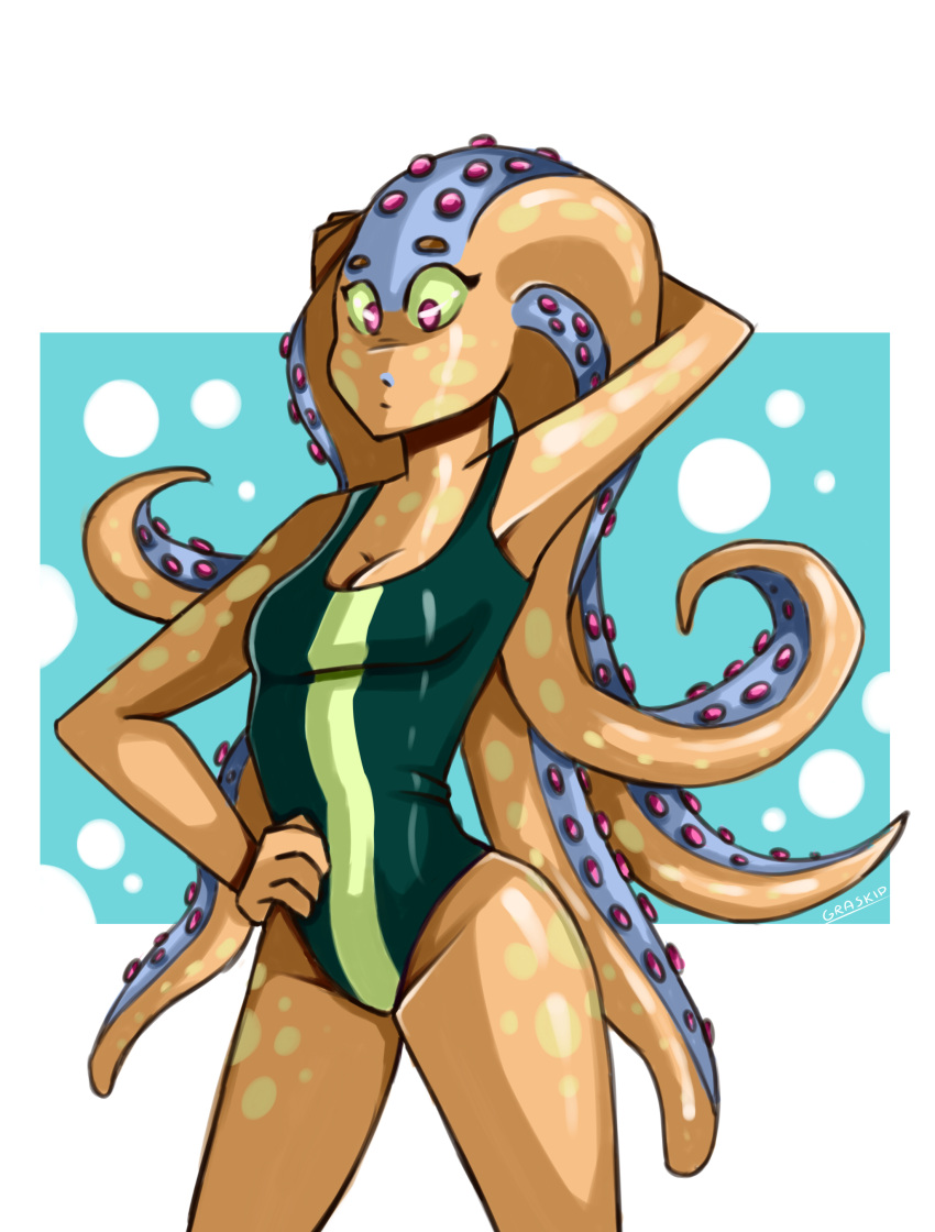 2015 absurd_res animal_humanoid anthro blue_background blue_body blue_lips breasts cephalopod cephalopod_humanoid chest_tuft cleavage clothed clothing coleoid colored eyebrows eyelashes female glistening glistening_body glistening_eyes graskip green_clothing green_sclera green_swimwear hand_on_hip hand_on_own_hip hi_res humanoid lips looking_at_viewer looking_down looking_down_at_viewer marine marine_humanoid markings mollusk mollusk_humanoid multicolored_body noseless octopodiform octopus octopus_humanoid one-piece_swimsuit orange_body pink_eyes pseudo_hair purple_suckers shaded signature simple_background solo spots spotted_body standing suction_cup swimwear swimwear_only tentacle_hair tentacles tuft white_background yellow_spots