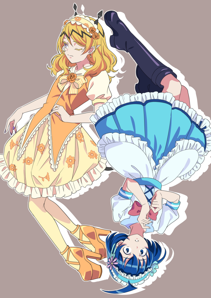 2boys absurdres ahoge black_footwear blonde_hair blue_dress blue_hair boots bow crossdressing dress earrings floral_print frilled_dress frills grey_background headband high_heels highres jewelry knee_boots mado_cat02 maid_headdress mairimashita!_iruma-kun multiple_boys one_eye_closed orange_footwear pantyhose pink_bow puffy_short_sleeves puffy_sleeves shax_lead short_sleeves suzuki_iruma upside-down yellow_bow yellow_dress yellow_pantyhose