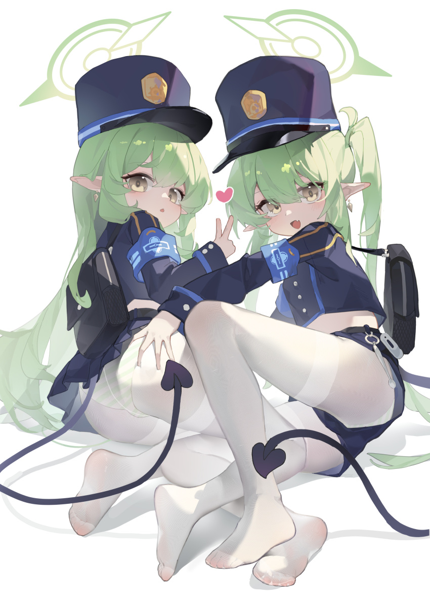 2girls absurdres armband blue_archive blue_armband demon_tail earrings fang green_hair green_halo halo hand_on_another's_hip heart high_side_ponytail highlander_sidelocks_conductor_(blue_archive) highlander_twintails_conductor_(blue_archive) highres jewelry kele_mimi light_brown_eyes multiple_girls no_shoes pantyhose pointy_ears simple_background skin_fang tail v white_background white_pantyhose