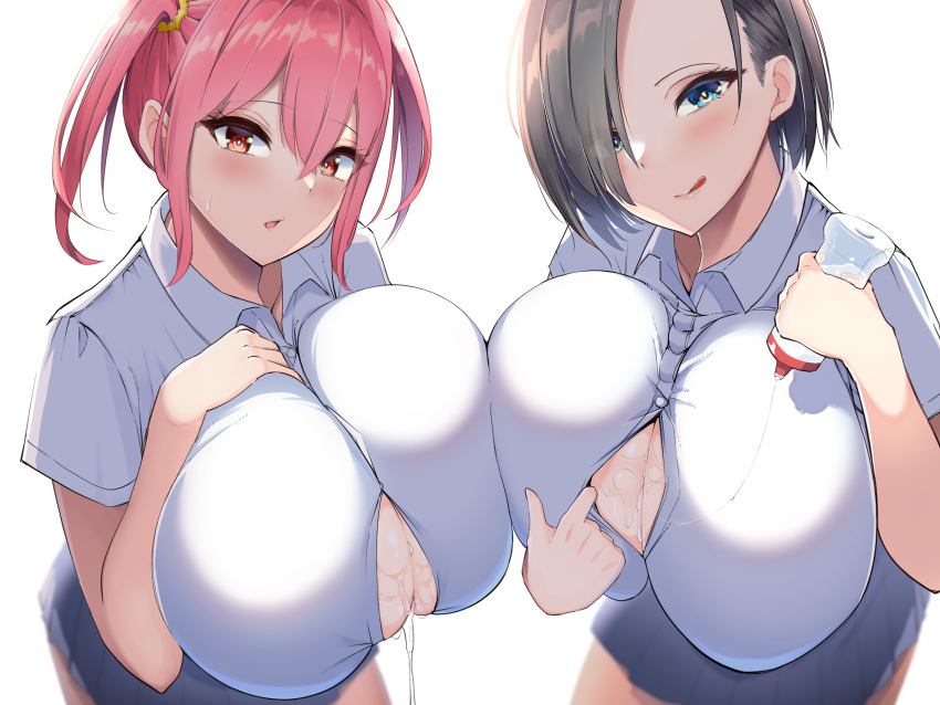 2girls asymmetrical_docking black_hair blue_eyes blush breast_press breasts cleavage hair_over_one_eye highres huge_breasts large_breasts licking_lips looking_at_viewer lotion_bottle lube multiple_girls naughty_face open_mouth original paizuri_invitation pink_hair pleated_skirt red_eyes sakidesu school_uniform scrunchie shirt short_hair simple_background skirt tongue tongue_out unbuttoned unbuttoned_shirt white_background white_shirt yellow_scrunchie