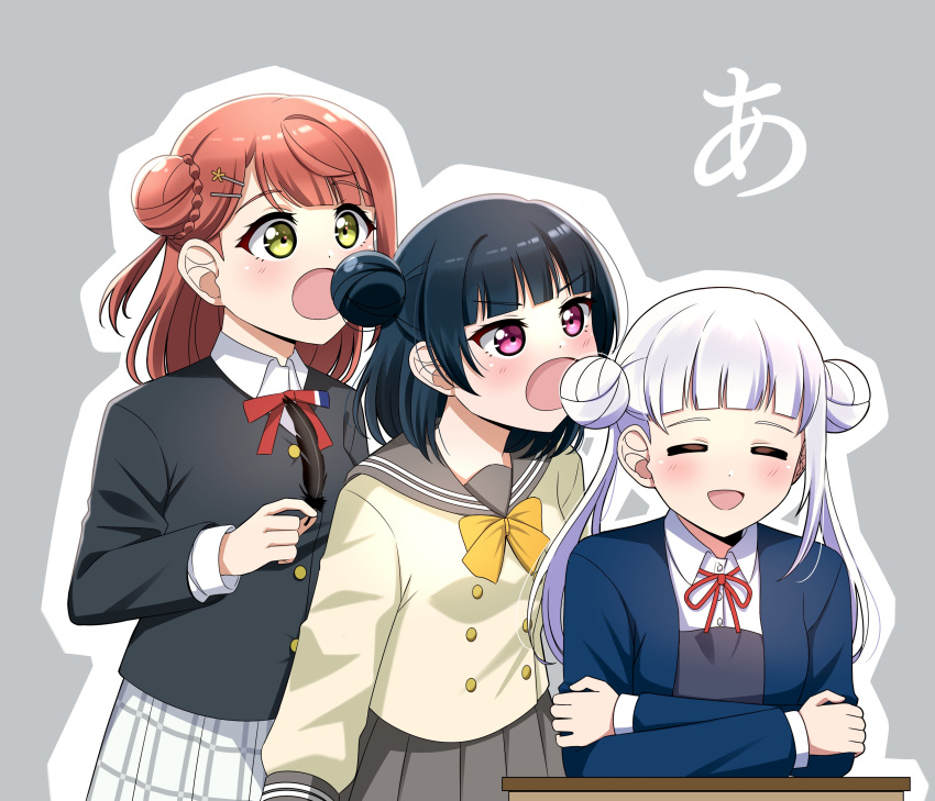 3girls :o =_= a_(phrase) absurdres arashi_chisato arms_on_table black_feathers black_jacket blazer blue_hair blue_jacket blunt_bangs blush bow bowtie braid braided_bun buttons collared_shirt dark_blue_hair double-breasted double_bun dress dress_shirt feathers grey_background grey_dress grey_sailor_collar grey_skirt hair_bun hair_ornament hairclip hairstyle_connection half_updo highres holding holding_feather imminent_bite jacket long_hair long_sleeves love_live! love_live!_nijigasaki_high_school_idol_club love_live!_sunshine!! love_live!_superstar!! medium_hair multiple_girls neck_ribbon nijigasaki_academy_school_uniform open_clothes open_jacket open_mouth outline pink_hair plaid plaid_skirt pleated_skirt red_eyes red_ribbon ribbon sailor_collar school_uniform serafuku shirt single_side_bun single_sidelock ska.harumi skirt smile swept_bangs tsushima_yoshiko twintails uehara_ayumu uranohoshi_school_uniform v-shaped_eyebrows white_hair white_outline white_shirt white_skirt winter_uniform yellow_bow yellow_bowtie yellow_eyes yuigaoka_school_uniform