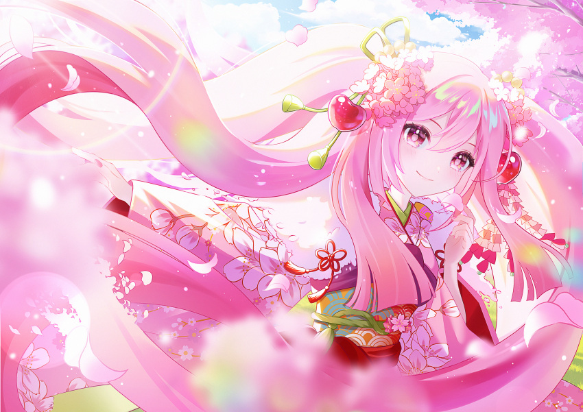 1girl absurdres ava_illust blurry blurry_foreground cherry_blossoms cherry_hair_ornament closed_mouth cloud cloudy_sky day floating_hair floral_print flower food-themed_hair_ornament hair_between_eyes hair_flower hair_ornament hatsune_miku highres japanese_clothes kimono lens_flare long_hair long_sleeves looking_at_viewer nail_polish obi outdoors pink_eyes pink_hair pink_kimono pink_nails pink_theme sakura_miku sash sidelocks sky smile solo sunlight very_long_hair vocaloid wide_sleeves