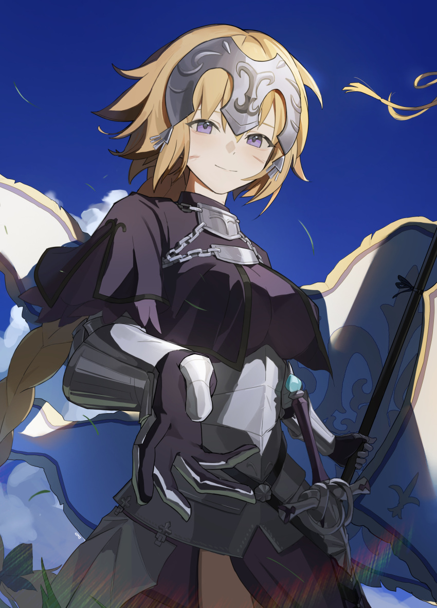 1girl absurdres armor armored_dress banner blonde_hair braid breasts chain cmi fate/grand_order fate_(series) faulds flag gauntlets headpiece highres jeanne_d'arc_(fate) jeanne_d'arc_(ruler)_(fate) large_breasts long_braid long_hair looking_at_viewer plackart purple_eyes single_braid smile solo standard_bearer very_long_hair