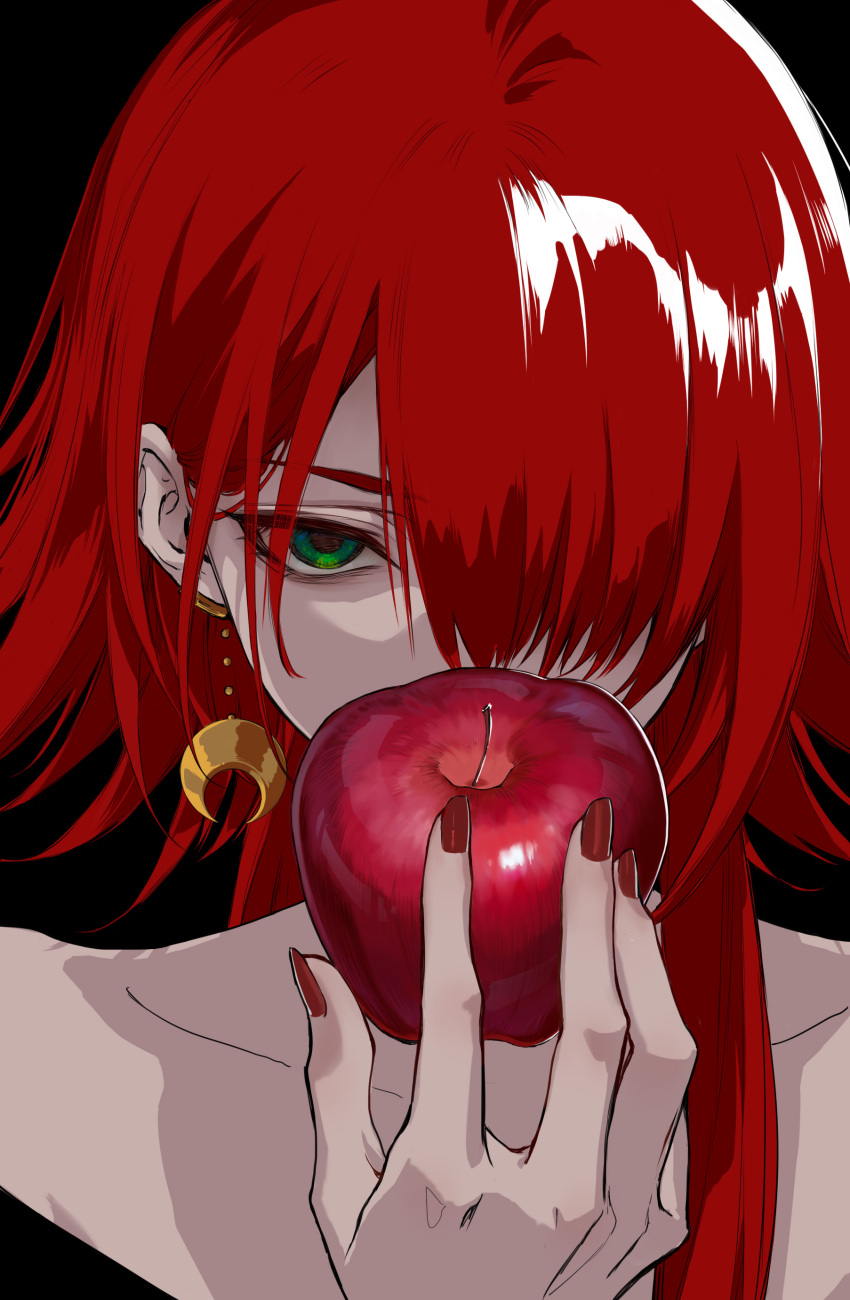 1other absurdres apple black_background collarbone crescent crescent_earrings crimson_(ragna_crimson) earrings food fruit green_eyes hair_between_eyes hair_over_one_eye highres holding holding_food holding_fruit jewelry looking_at_viewer ragna_crimson red_apple red_hair red_nails simple_background solo upper_body victima