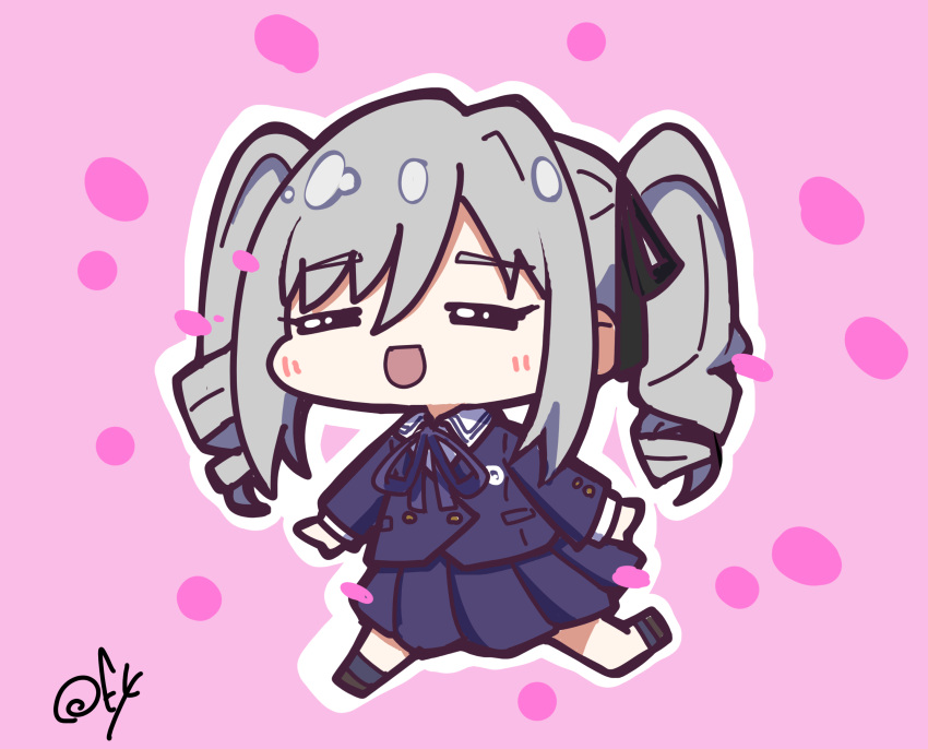 1girl =_= absurdres blazer buttons chibi chibi_only collared_shirt double-breasted drill_hair grey_hair hashtag-only_commentary highres idolmaster idolmaster_cinderella_girls idolmaster_cinderella_girls_starlight_stage jacket kanzaki_ranko long_hair long_sleeves oofushi_ao open_mouth outline outstretched_arms pink_background pleated_skirt purple_jacket purple_skirt school_uniform shirt sidelocks signature skirt smile solo twin_drills twintails walking white_outline white_shirt