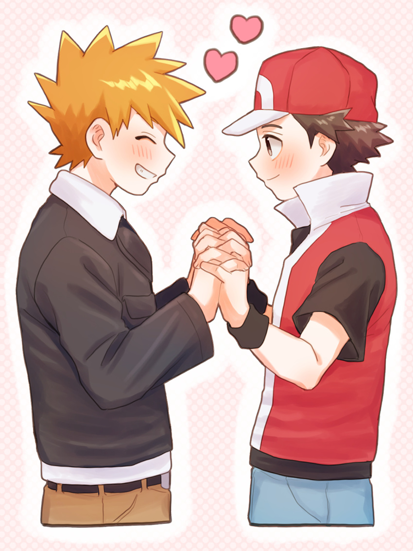 2boys belt belt_buckle blonde_hair blue_oak blush brown_hair buckle closed_eyes closed_mouth commentary_request grin hands_up heart highres holding_hands jacket long_sleeves looking_at_another male_focus mochi_(mocchi_p_2m) multiple_boys pants pokemon pokemon_hgss red_(pokemon) red_hat red_vest shirt short_hair short_sleeves smile spiked_hair teeth vest wristband