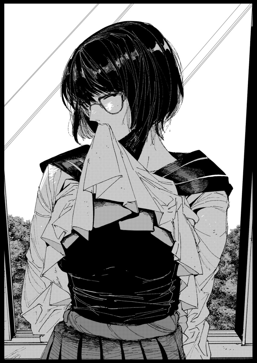 1girl arm_at_side arm_behind_back border breasts clothes_lift day glasses greyscale hachinuki_tetsuyo highres indoors lifted_by_self long_sleeves looking_at_viewer monochrome mouth_hold open_mouth original pleated_skirt profile school_uniform serafuku shirt_lift short_hair sideways_glance skirt solo swimsuit swimsuit_under_clothes upper_body window