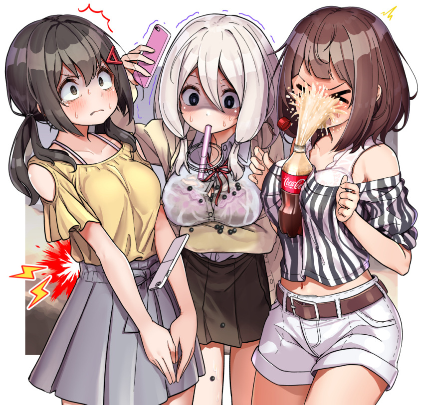 &gt;_&lt; 3girls ^^^ animal_print arm_under_breasts back_pain belt black_hair black_skirt blue_eyes blush border bottle_cap bra breasts breasts_squeezed_together brown_belt brown_cardigan brown_hair bubble_tea_challenge_failure cardigan cellphone cleavage clothing_cutout coca-cola collarbone collared_shirt commentary denim denim_shorts dress_shirt drinking_straw explosion failure falling grey_skirt hair_ornament holding holding_phone iphone large_breasts leaning_forward lid lightning_bolt_symbol looking_at_object looking_at_phone looking_at_viewer low-tied_sidelocks low_twintails medium_breasts medium_hair midriff miniskirt mouth_hold multiple_girls navel off-shoulder_shirt off_shoulder orange_eyes original outside_border phone pink_bra pleated_skirt sanpaku see-through see-through_shirt shaded_face shipii_(jigglypuff) shirt short_hair short_shorts short_sleeves shorts shoulder_cutout sidelocks skirt smartphone soda sweat sweatdrop trembling twintails underwear v-shaped_eyebrows v_arms wet white_border white_bra white_hair white_shirt white_shorts yellow_eyes yellow_shirt zebra_print